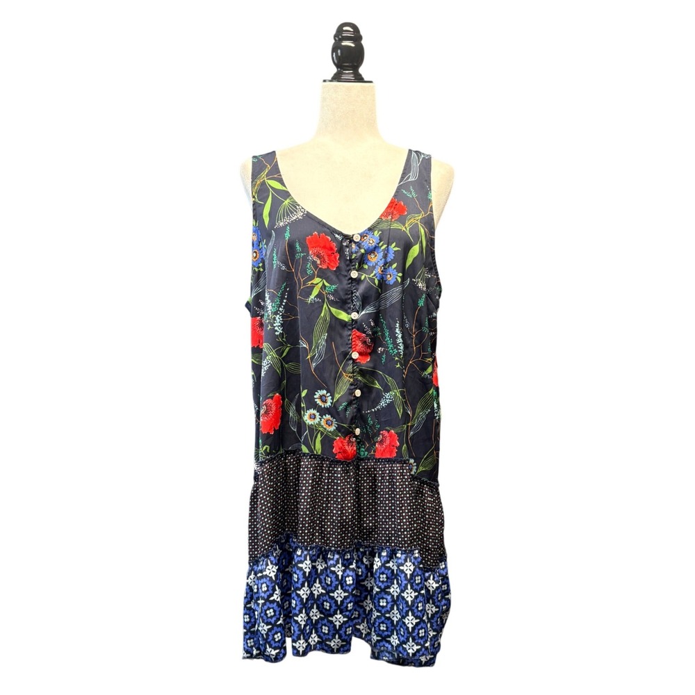 Aerie Mixed Print Floral Polka Dot Tiered V-Neck Mini Dress Navy Blue XL